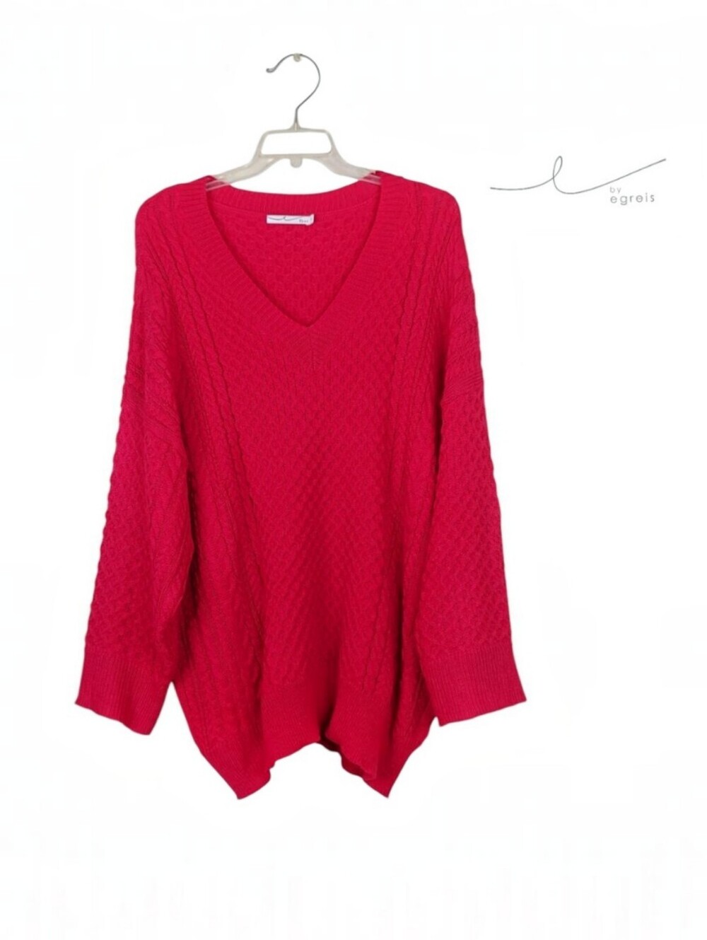 By Egreis Women's Dark Pink VNeck Cable Knit Oversized Sweater Size Large